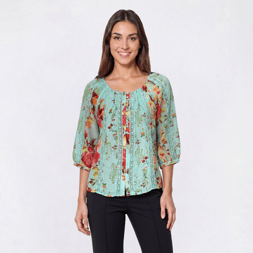 Womens Figueroa & Flower 3/4 Sleeve Lace Detail Floral Blouse - image 
