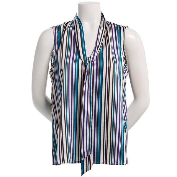Womens Kasper Sleeveless Tie Neck Stripe Blouse