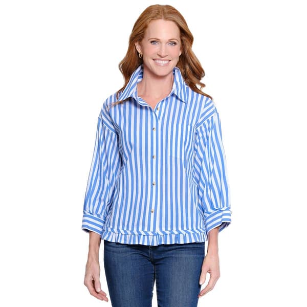 Petite Ali Miles 3/4 Sleeve Button Front Stripe Ruffle Hem Blouse - image 