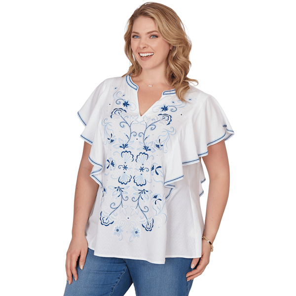 Plus Size Ruby Rd. French Riviera Ruffle Sleeve Embroidery Blouse