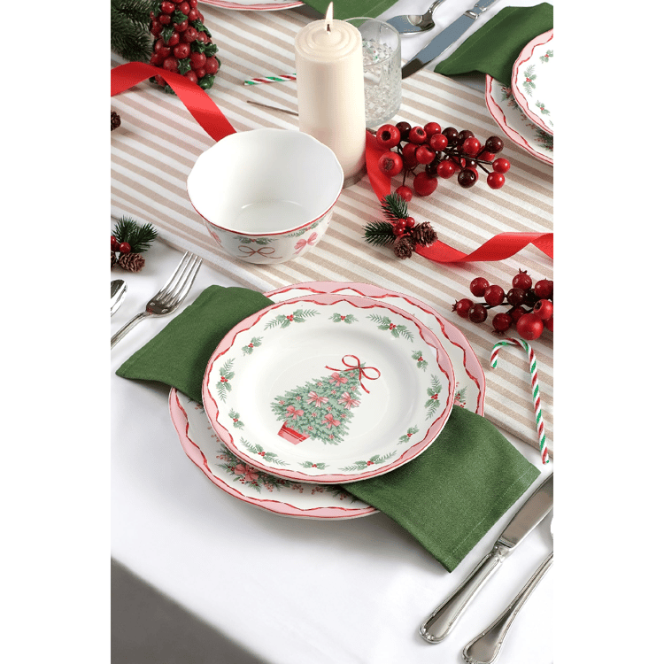 222 Fifth Pinkmas 12pc. Porcelain Christmas Dinnerware Set