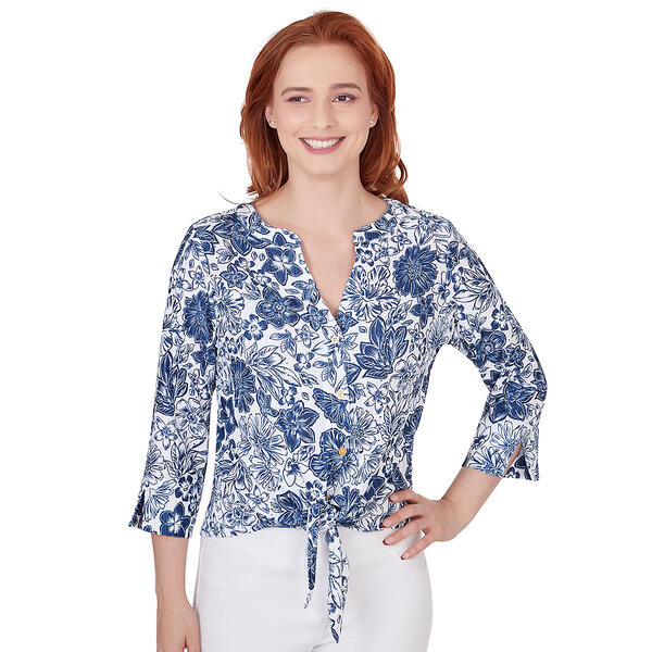 Womens Hearts of Palm Always Be My Navy Hibiscus Print Top - image 