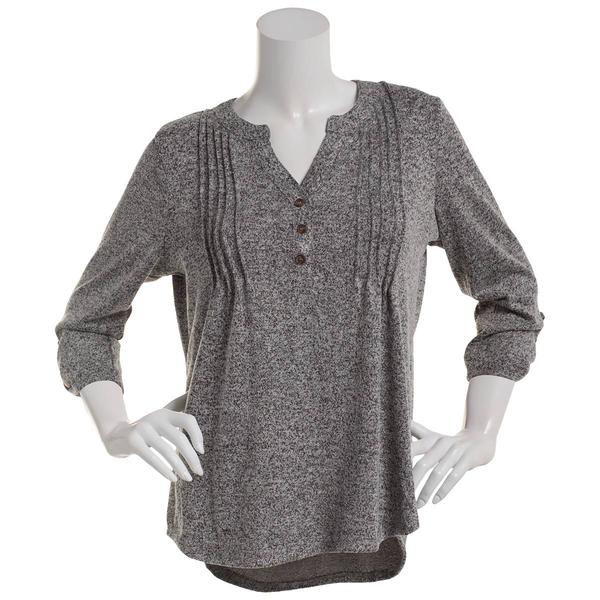 Plus Size Notations 3/4 Sleeve Solid Pintuck Yoke Henley Blouse - image 