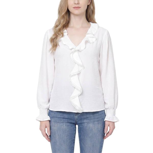 Petite NY Collection Long Sleeve Solid Ruffle Lace Trim Blouse