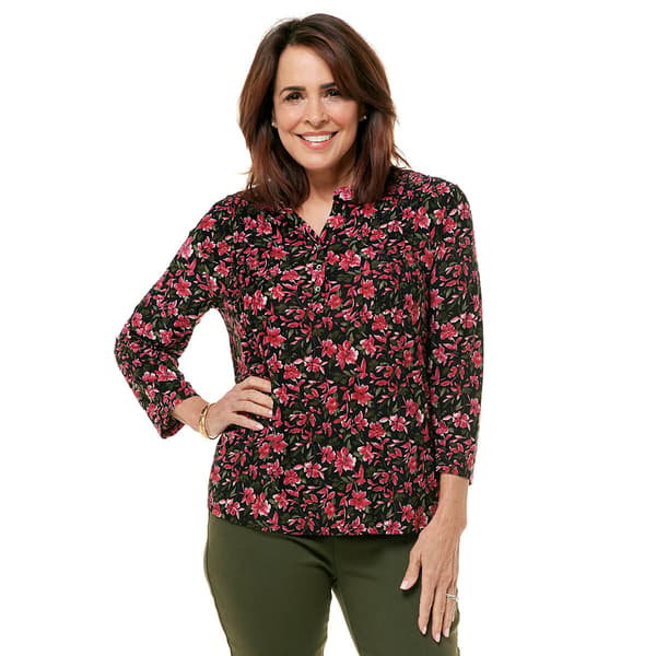 Womens Napa Valley 3/4 Sleeve Floral Pleat Henley Blouse - image 