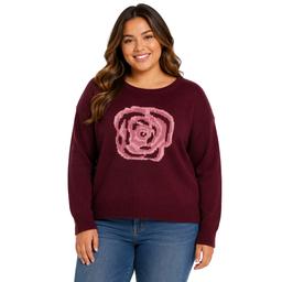 Juniors Plus No Comment Graphic Pullover Sweater- Burgundy