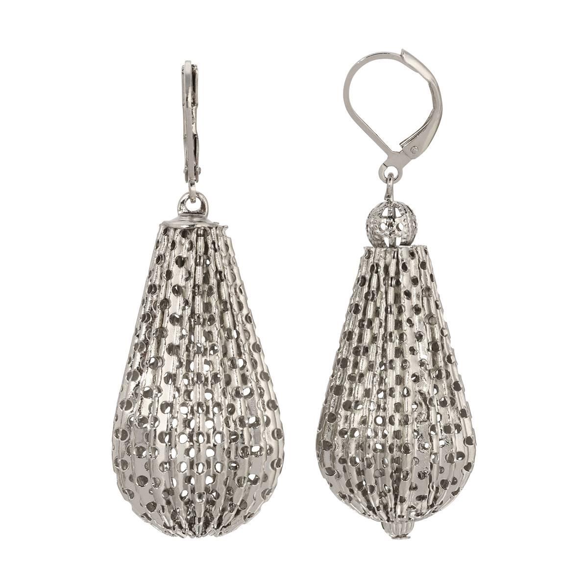 1928 Silver Tone Meshlike Hollow Teardrop Dangle Earrings