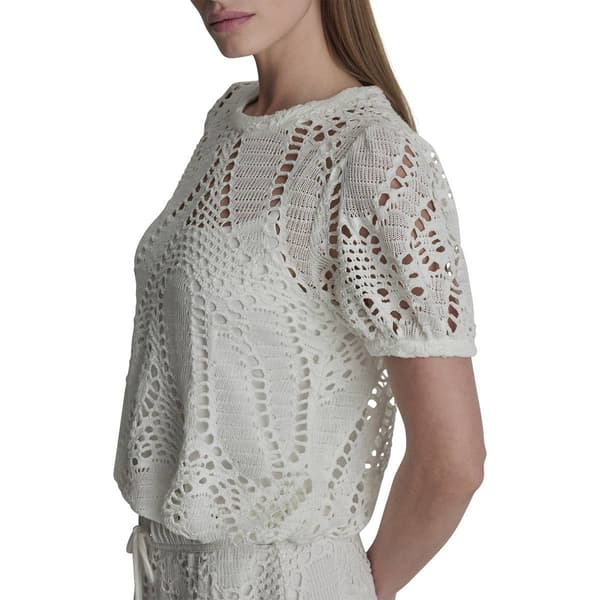 Womens DKNY Sport Short Elastic Sleeve Crochet Leaf Blouse