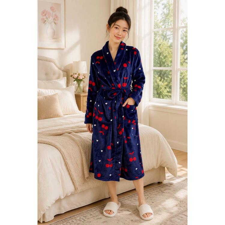 Womens Charmour Long Sleeve Cherries Plush 48 Wrap Robe