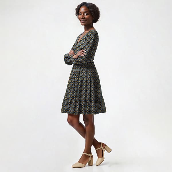 Womens Emma & Michele Long Sleeve Floral V-Neck A-Line Dress
