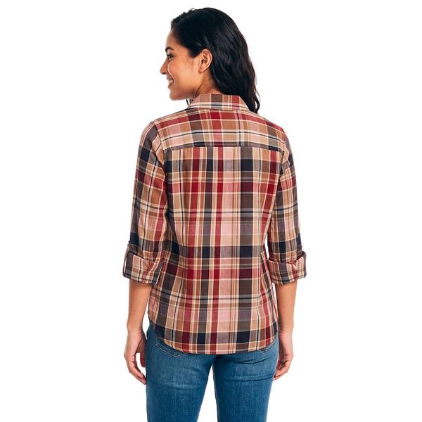 Womens Nautica 3/4 Roll Tab Sleeve Crinkle Plaid Blouse