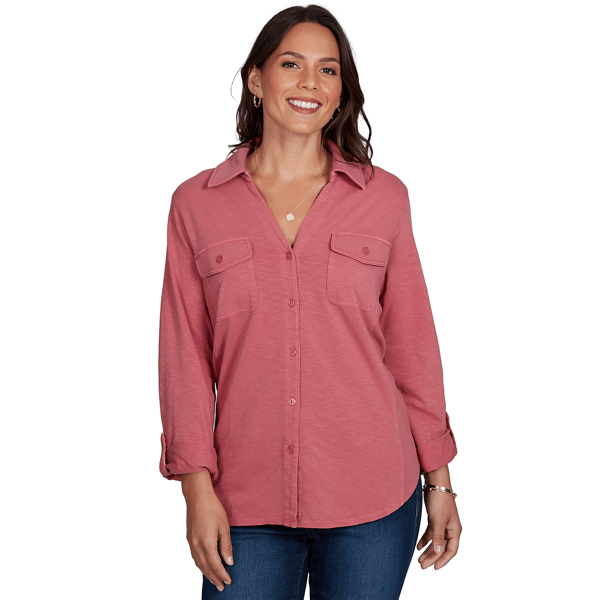 Womens Ruby Rd. Game of Luxe Tab Sleeve Casual Button Down