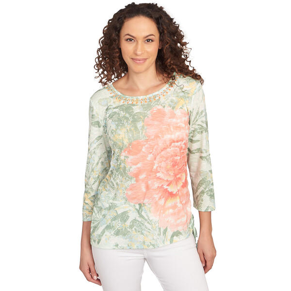 Womens Ruby Rd. Tropical Oasis Floral Bloom Watercolor Tee - image 