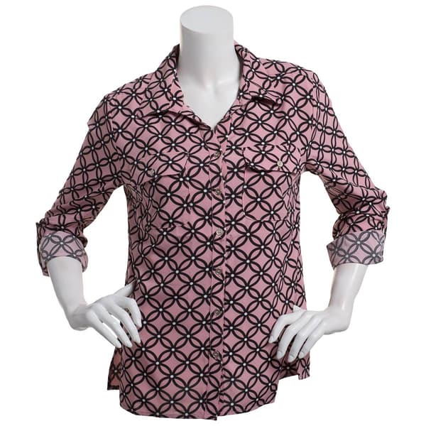 Petite Notations 3/4 Roll Tab Lattice Casual Button Down - image 