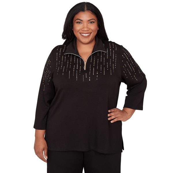 Plus Size Alfred Dunner Seville Heat Set Embellished Zip Mock Ne