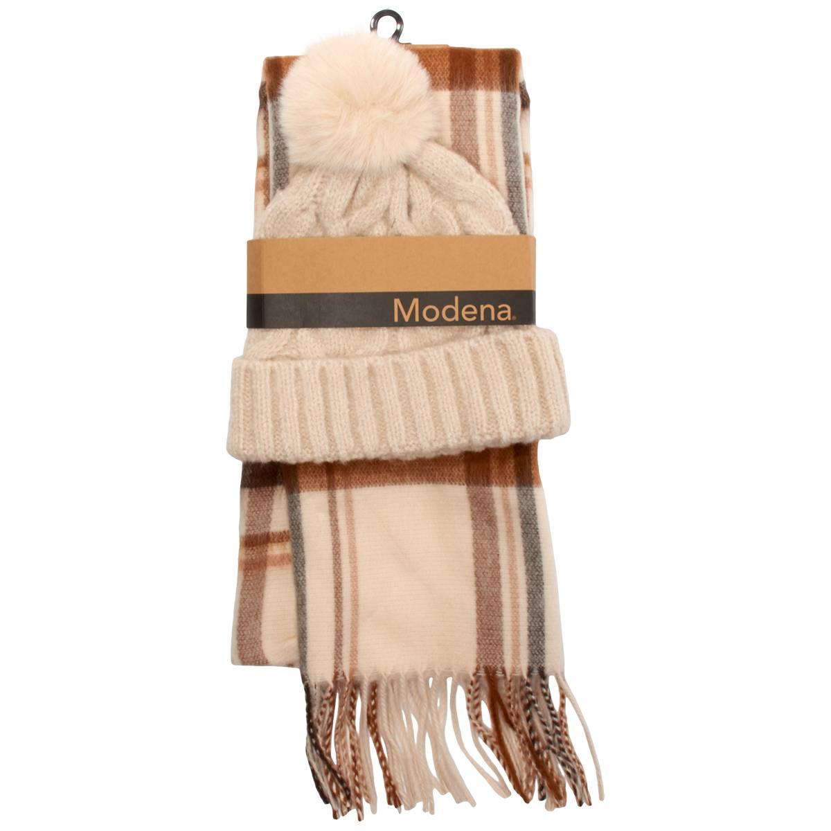 Womens Modena Solid Hat with Pom & Plaid Scarf