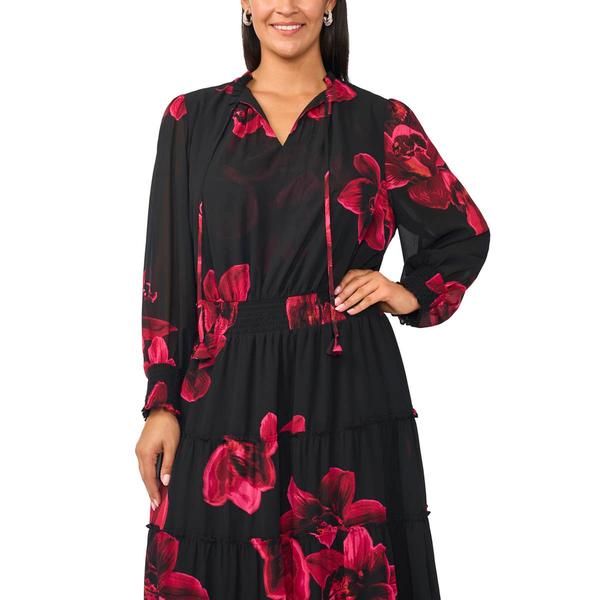 Plus Size MSK Long Sheer Sleeve Tie Neck Floral Tier Maxi Dress