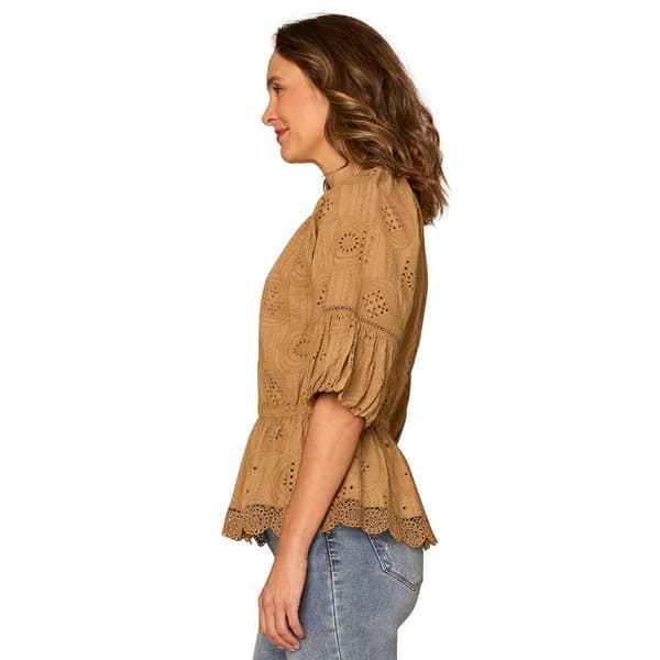 Womens Democracy Elbow Sleeve Medallion Eyelet Peplum Blouse