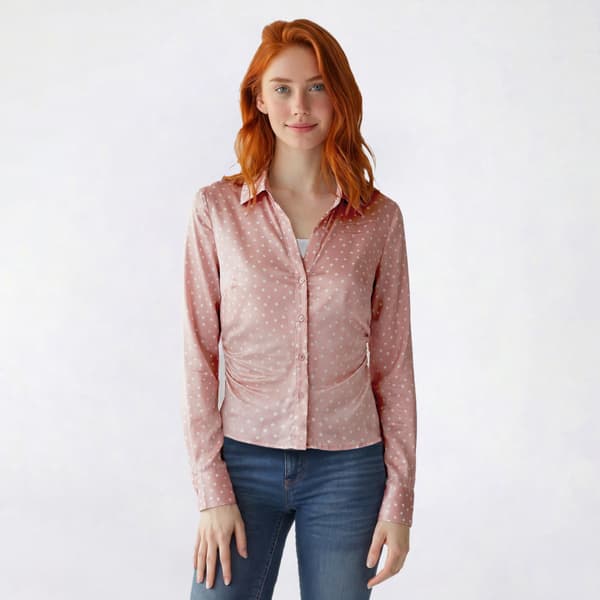 Juniors Love Tree Dot Satin Ruch Fit Meet And Greet Top - image 