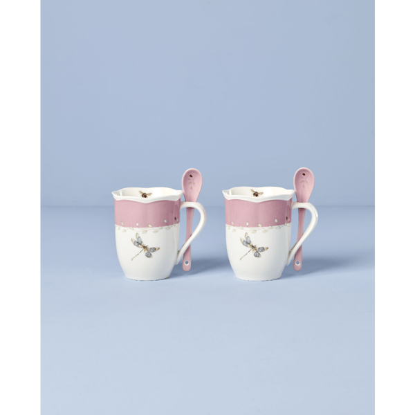 Lenox® Butterfly Meadow® Pink Mugs with Spoons - Set of 2