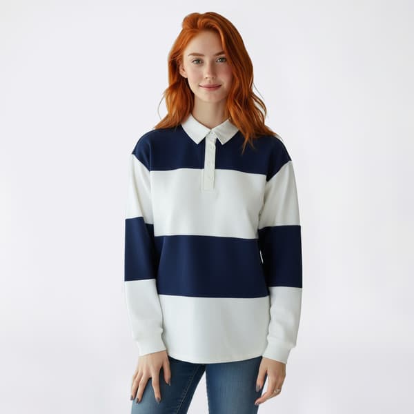Juniors No Comment Fleece Striped Rugby Collar Sweatshirt - image 