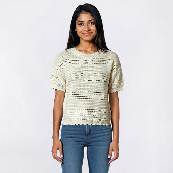 Juniors Pink Rose Short Sleeve Crewneck Cropped Pullover Sweater - image 