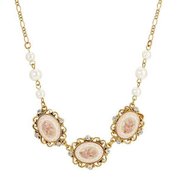 1928 Jewelry Oval Floral Decal Faux Pearl Necklace - image 
