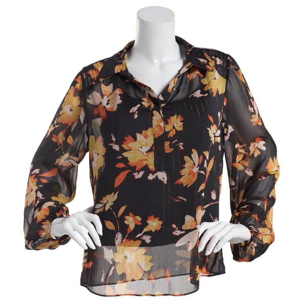 Womens Nanette Lepore Long Sleeve Floral Lurex Blouse w/Cami - image 