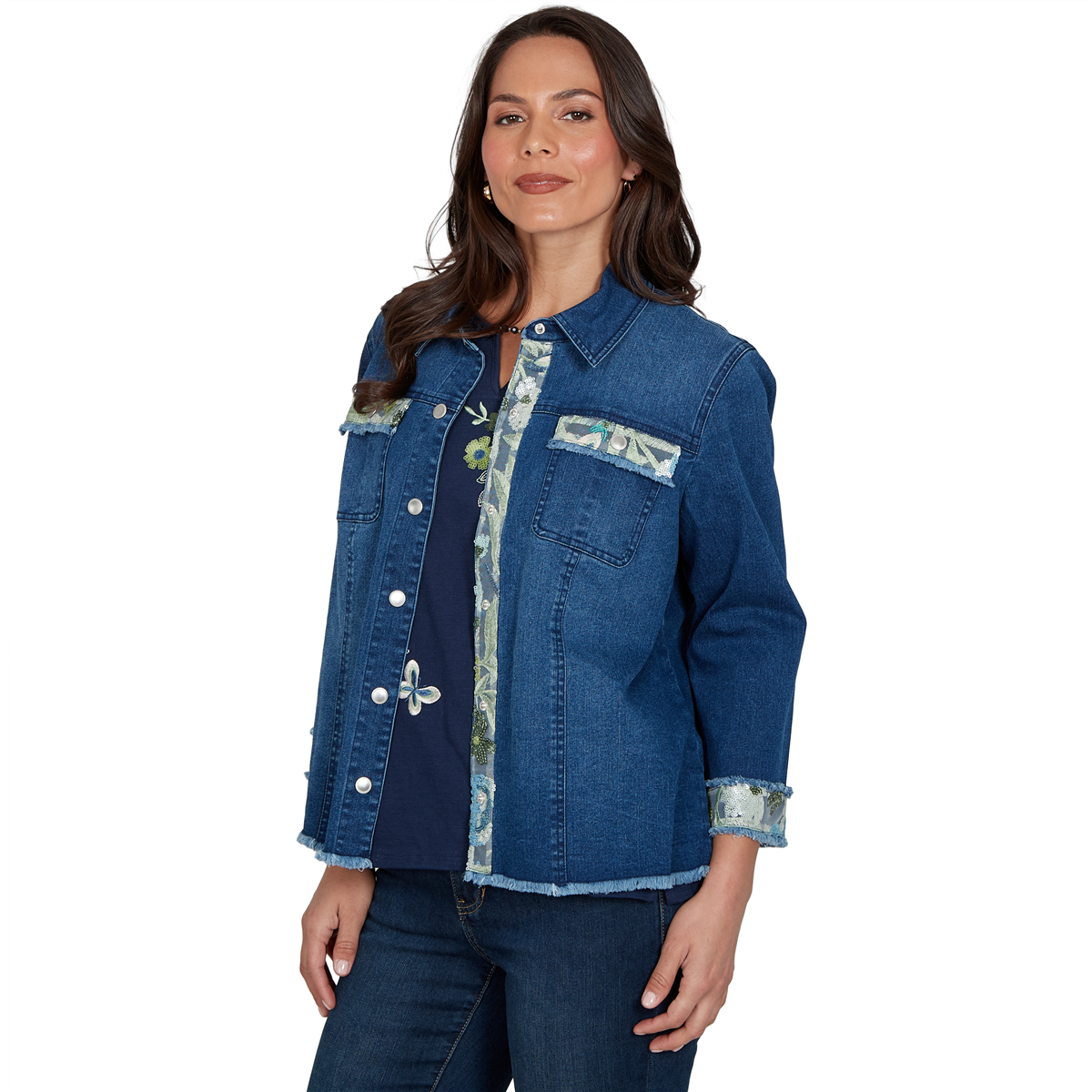 Womens Alfred Dunner Indigo Girls Floral Trim Denim Jacket