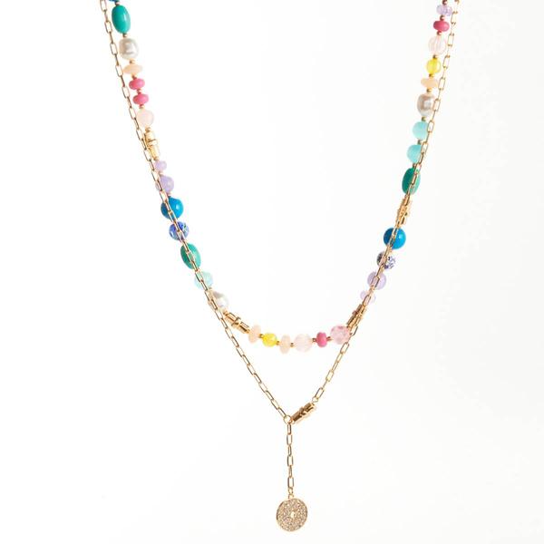 Ashley Pave Circle Pendant Layered Beaded Necklace - image 