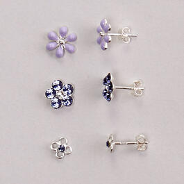 Kids Sterling Silver 3pr. Purple Flower Stud Earring Set