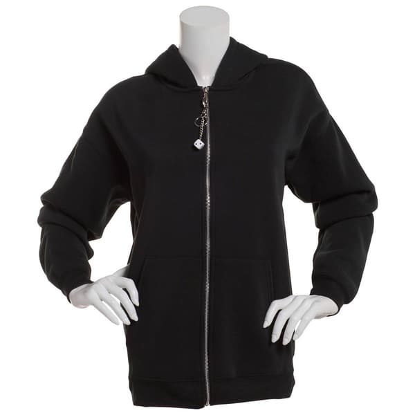 Juniors No Comment Boyfriend Fit Zip Up Hoodie with Dice Charm - image 