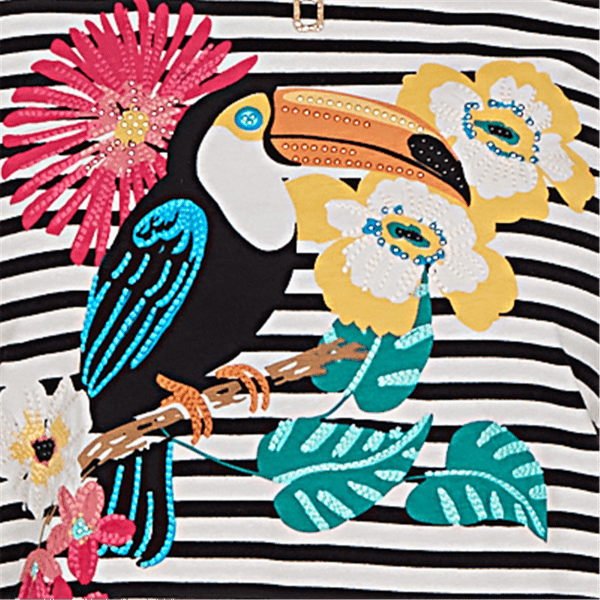 Womens Ruby Rd. Tropical Noir Short Sleeve Toucan Stripe Tee