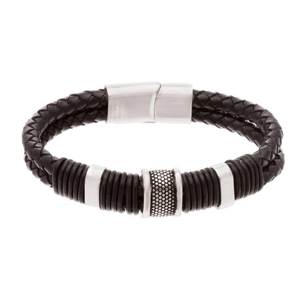 Mens Creed Stainless Steel Black Leather Band Bracelet - image 