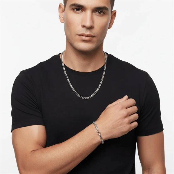 Mens Iron Saints Box Chain Link Silver-Tone Necklace Bracelet Set