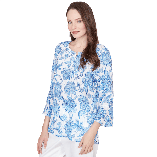 Womens Hearts of Palm Embraceable Blue Floral Crinkle Blouse