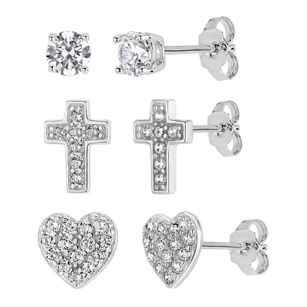 Forever New Sterling Silver CZ Round, Heart & Cross Earrings Set