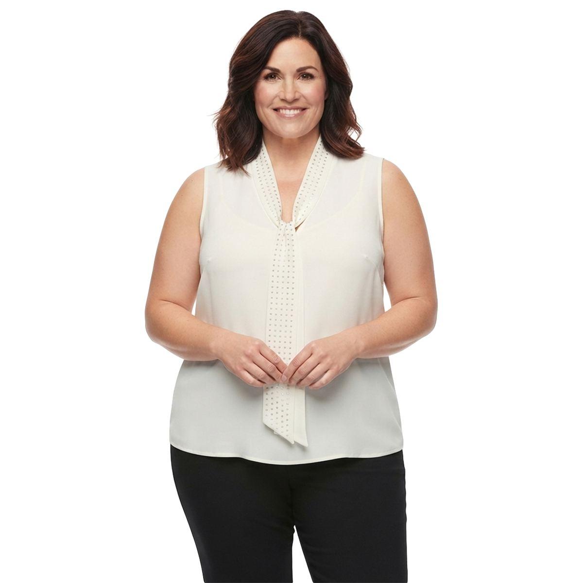 Plus Size Kasper Sleeveless Rhinestone Tie Front Blouse