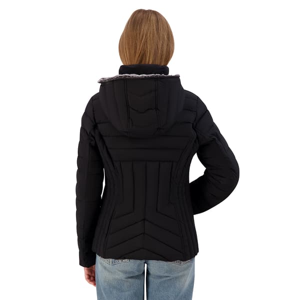 Womens Nautica Short Stretch Puffer w/Faux Fur Lined Hood Jacket
