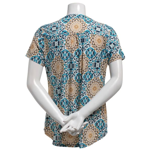 Womens Notations Short Sleeve Textured Medallion Pleated Blouse