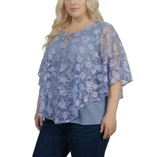 Plus Size NY Collection 3 O-Ring Floral Poncho Blouse