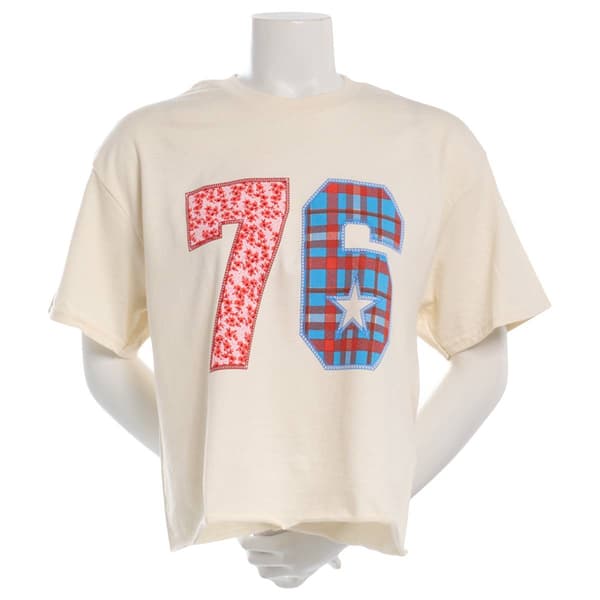 Juniors Hybrid 76 Ditsy Plaid Raw Hem Tee - image 