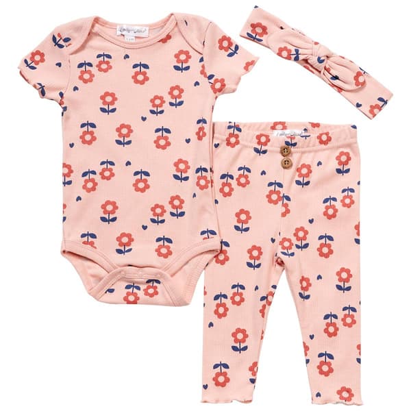 Baby Girl (NB-9M) Emily & Oliver(R) 3pc. Floral Heart Bodysuit Set - image 