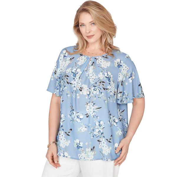 Plus Size Emaline Seabreeze Essence Keyhole Neck Floral Blouse