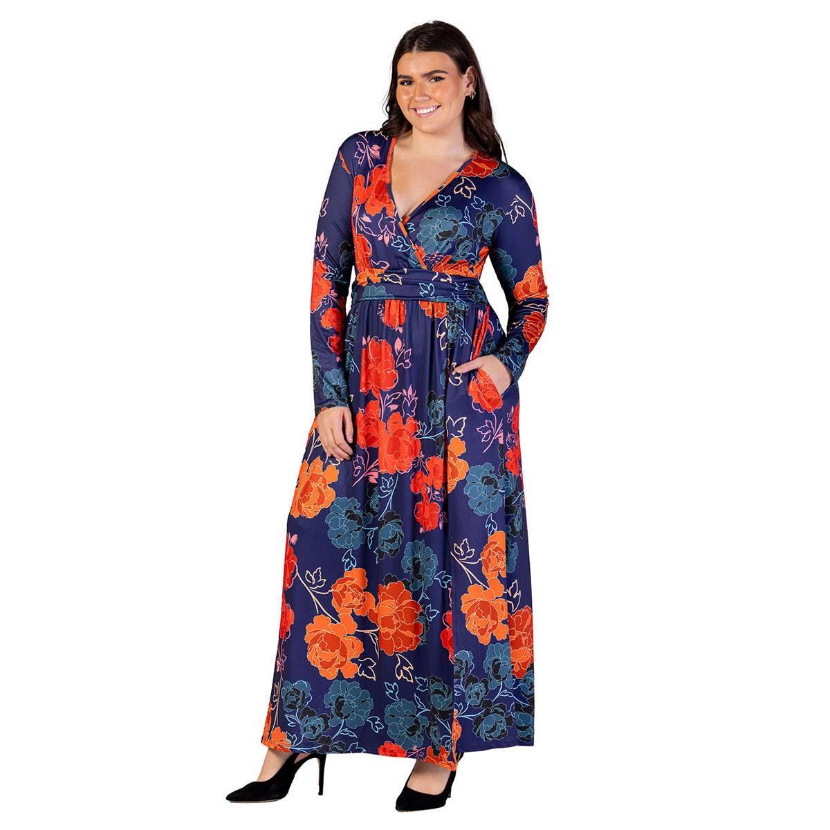 Plus Size 24/7 Comfort Apparel Navy Floral Side Slit Maxi Dress