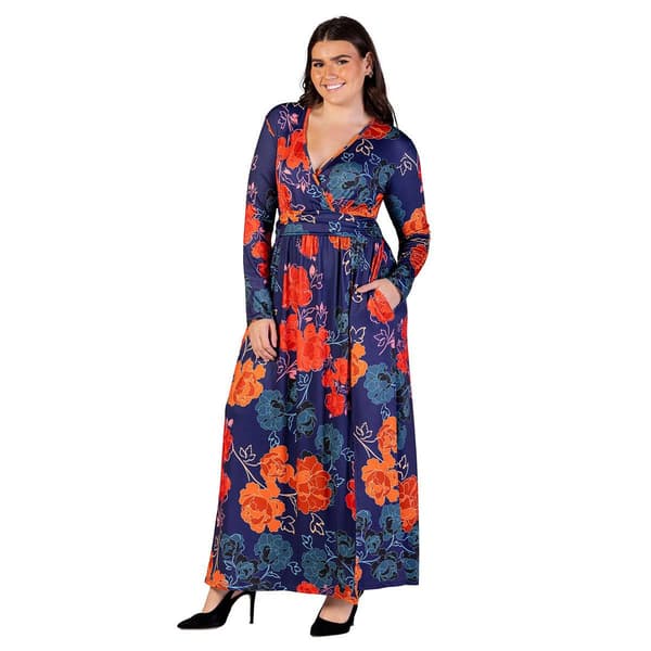 Plus Size 24/7 Comfort Apparel Navy Floral Side Slit Maxi Dress
