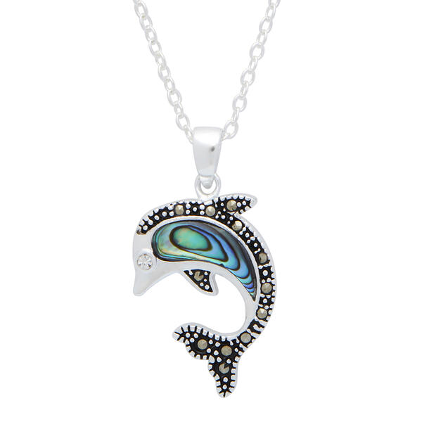 Marsala Genuine Marcasite &amp; Paua Shell Dolphin Pendant - image 