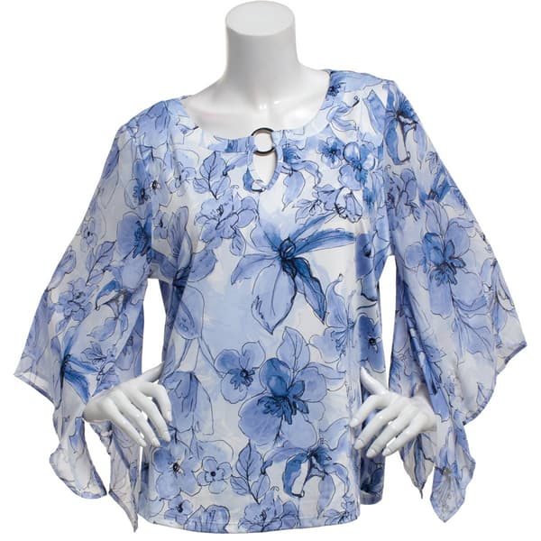 Womens Sara Michelle 3/4 Sleeve Floral Keyhole Neck Blouse - image 