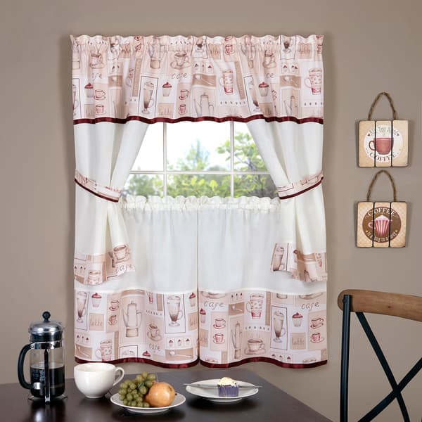 Achim Cappuccino Embellished Cottage Kitchen Curtain Set - image 