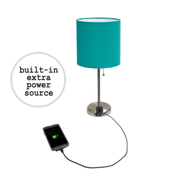 LimeLights Brush Steel Lamp w/Charging Outlet/Teal Shade-Set of 2